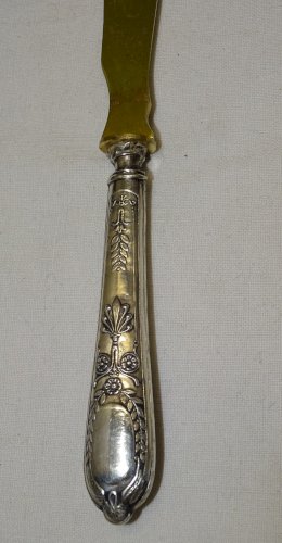 -OUVRE LETTRES STYLE EMPIRE Lame dorée MANCHE ARGENT FOURRE poinçon MINERVE    D