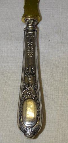 -OUVRE LETTRES STYLE EMPIRE Lame dorée MANCHE ARGENT FOURRE poinçon MINERVE    D