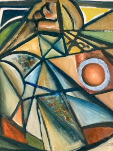 Painting Art Peinture Huile Papier Abstrait Abstraction 1980 Paysage Cubisme XXe