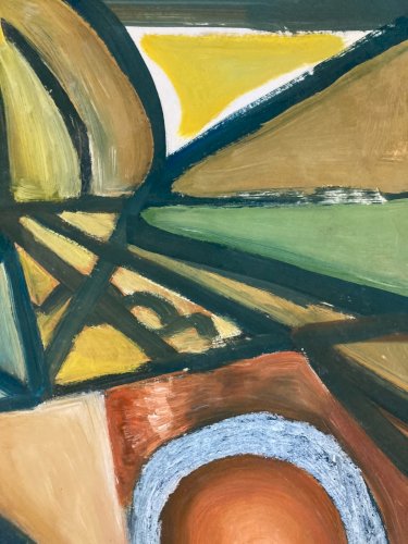 Painting Art Peinture Huile Papier Abstrait Abstraction 1980 Paysage Cubisme XXe