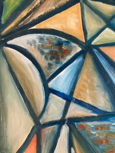 Painting Art Peinture Huile Papier Abstrait Abstraction 1980 Paysage Cubisme XXe