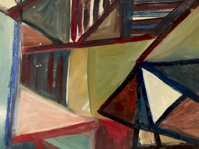 Painting Art Peinture Papier Abstrait Abstraction 1980 Cubiste Cubisme XXe Old