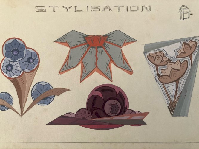 Painting Original Art Deco Nouveau Gouache 1930 Fleur Plante  Ancien Peinture