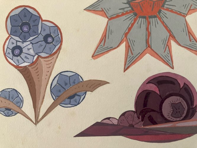 Painting Original Art Deco Nouveau Gouache 1930 Fleur Plante  Ancien Peinture