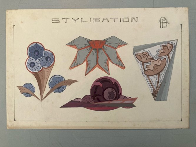 Painting Original Art Deco Nouveau Gouache 1930 Fleur Plante  Ancien Peinture