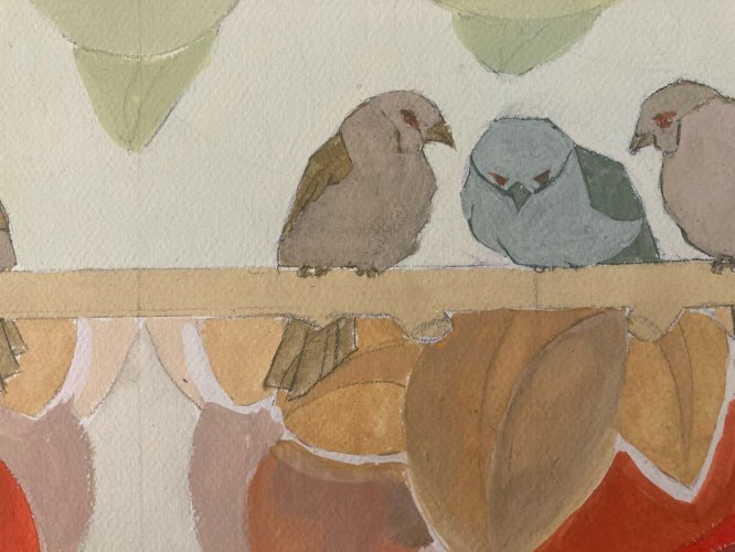 Painting Original Art Deco Nouveau Gouache 1930 Peinture Old Ancien Oiseau XXe