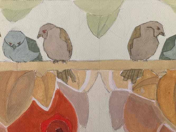 Painting Original Art Deco Nouveau Gouache 1930 Peinture Old Ancien Oiseau XXe