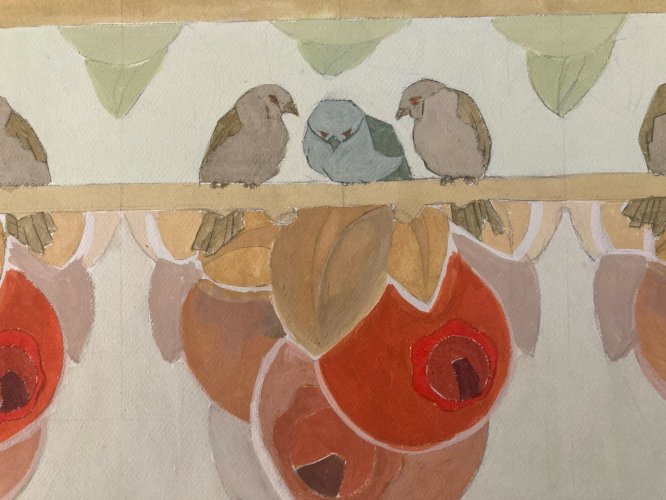 Painting Original Art Deco Nouveau Gouache 1930 Peinture Old Ancien Oiseau XXe