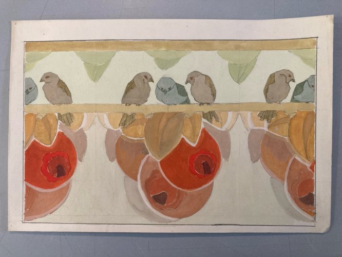 Painting Original Art Deco Nouveau Gouache 1930 Peinture Old Ancien Oiseau XXe