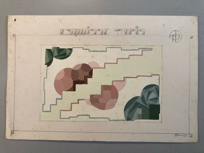 Painting Original Art Deco Nouveau Gouache Sur Tapis 1930 Peinture Old Ancien