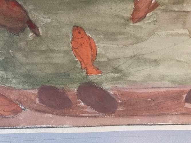 Painting Peinture 1930 Original Art Nouveau Gouache Papier Ancien Poisson Deco