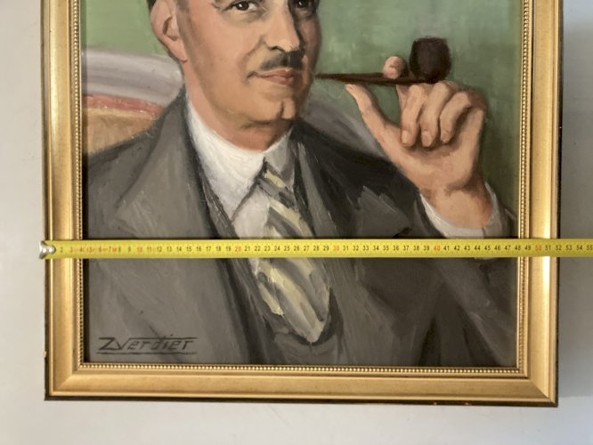 Painting Peinture 1940 Huile Sur Toile Portrait Homme Pipe Ancien Art Deco Old