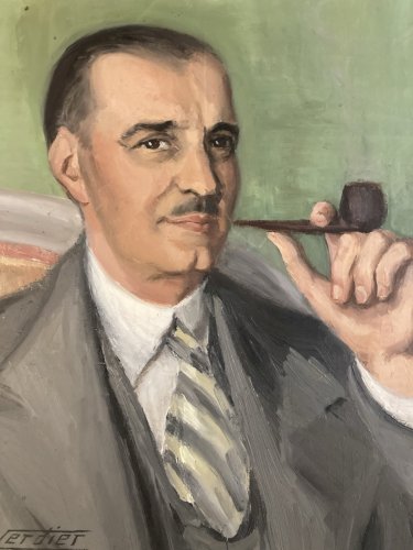Painting Peinture 1940 Huile Sur Toile Portrait Homme Pipe Ancien Art Deco Old