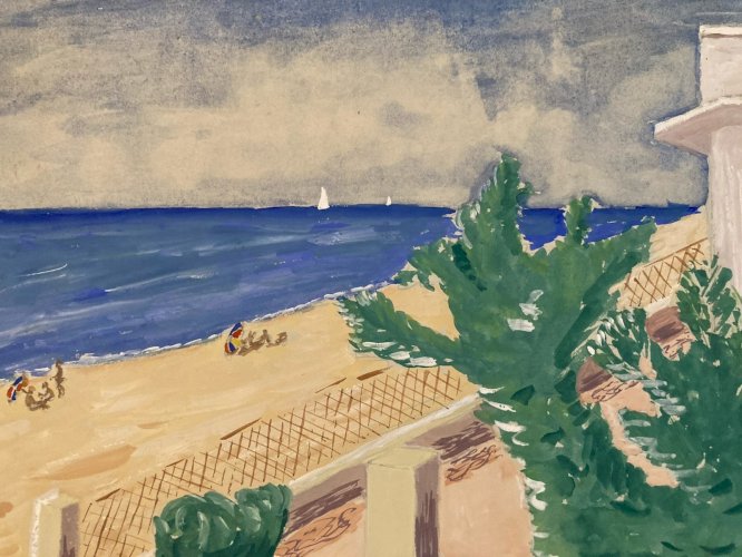 Painting peinture 1950 Gouache Papier Mer Plage À Identifier Océan Art Nice ?