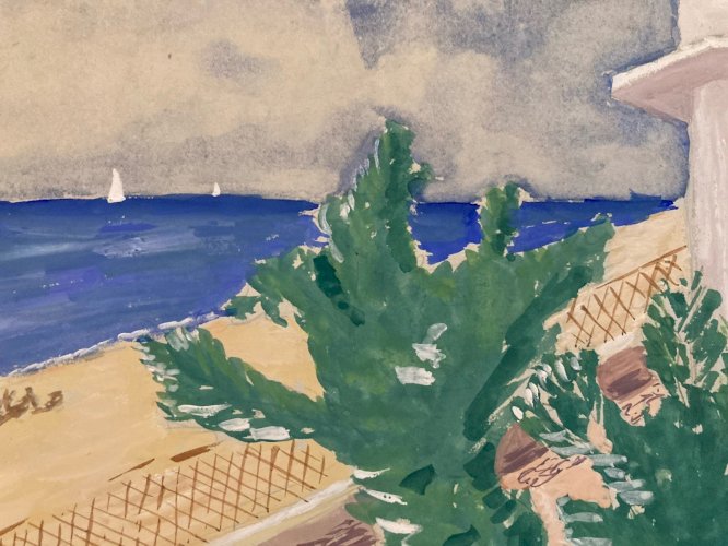 Painting peinture 1950 Gouache Papier Mer Plage À Identifier Océan Art Nice ?
