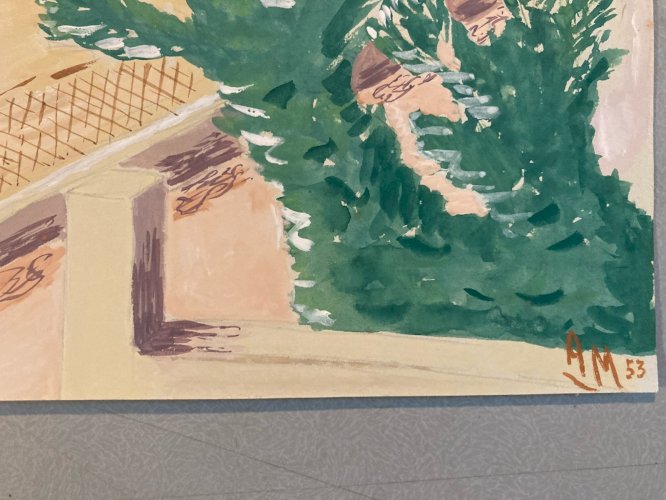 Painting peinture 1950 Gouache Papier Mer Plage À Identifier Océan Art Nice ?