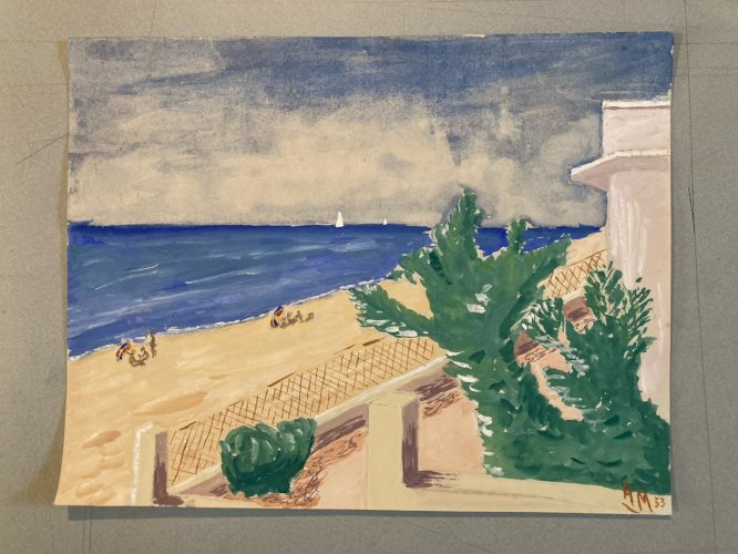 Painting peinture 1950 Gouache Papier Mer Plage À Identifier Océan Art Nice ?