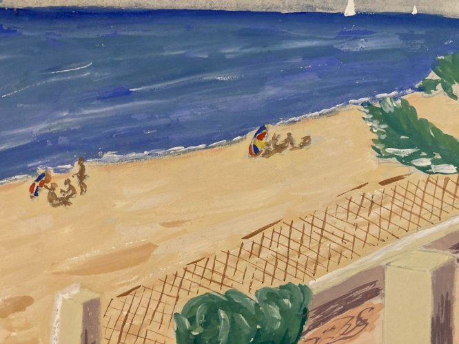Painting peinture 1950 Gouache Papier Mer Plage À Identifier Océan Art Nice ?