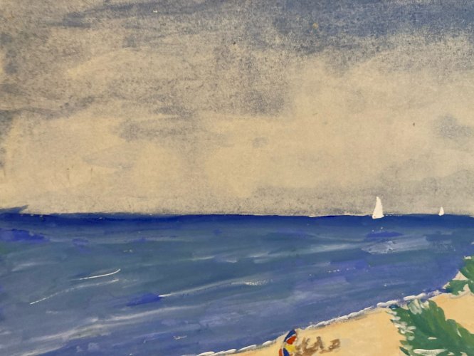 Painting peinture 1950 Gouache Papier Mer Plage À Identifier Océan Art Nice ?