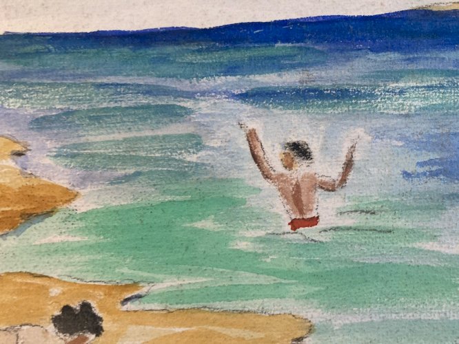 Painting peinture 1950 Gouache Papier Mer Plage À Identifier Océan Art Sable