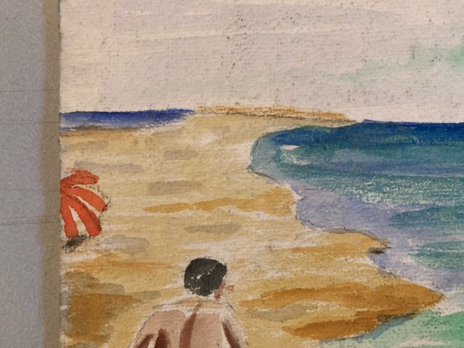 Painting peinture 1950 Gouache Papier Mer Plage À Identifier Océan Art Sable