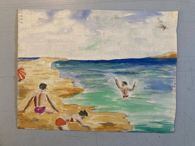 Painting peinture 1950 Gouache Papier Mer Plage À Identifier Océan Art Sable