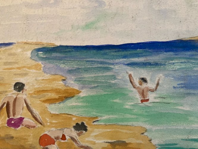 Painting peinture 1950 Gouache Papier Mer Plage À Identifier Océan Art Sable