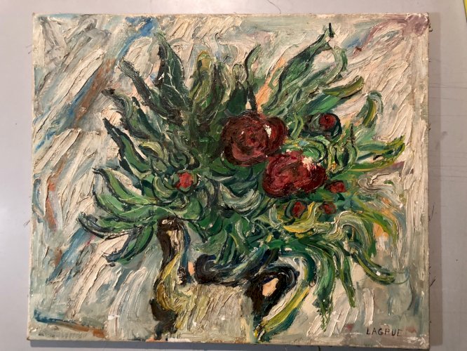 Painting Peinture 1950 Huile Sur Toile Expressioniste Fleur Bouquet Lagrue Art