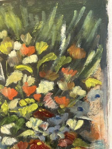 Painting Peinture 1960 Huile Sur Papier Expressioniste Fleur Bouquet Ancien Art