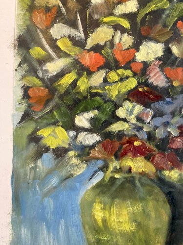 Painting Peinture 1960 Huile Sur Papier Expressioniste Fleur Bouquet Ancien Art