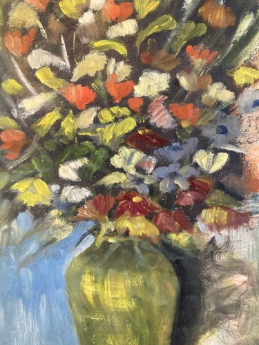 Painting Peinture 1960 Huile Sur Papier Expressioniste Fleur Bouquet Ancien Art