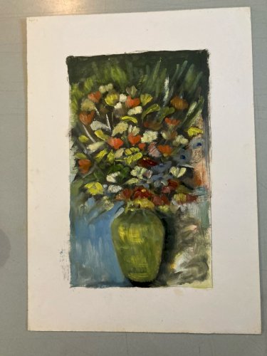 Painting Peinture 1960 Huile Sur Papier Expressioniste Fleur Bouquet Ancien Art
