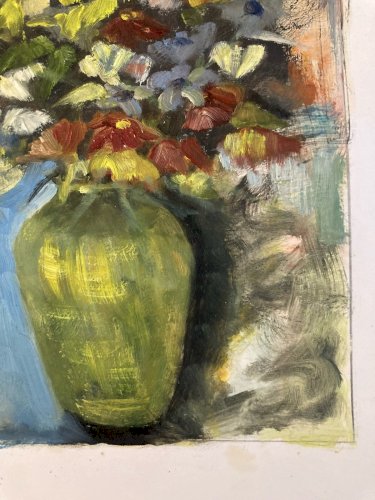 Painting Peinture 1960 Huile Sur Papier Expressioniste Fleur Bouquet Ancien Art