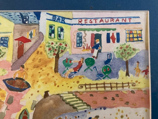 Painting peinture 1970 Gouache Art Brut  À Identifier FP Naïf Village Bretagne ?