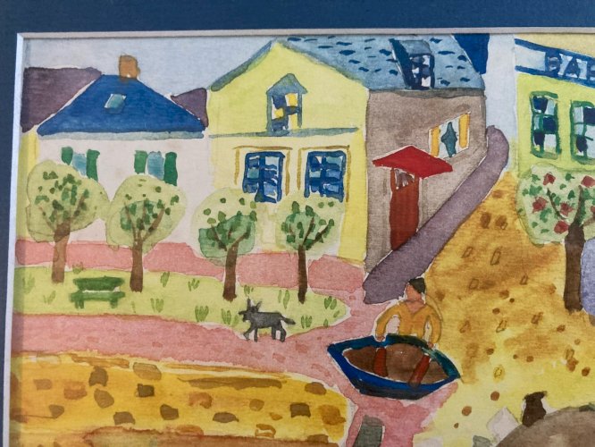 Painting peinture 1970 Gouache Art Brut  À Identifier FP Naïf Village Bretagne ?