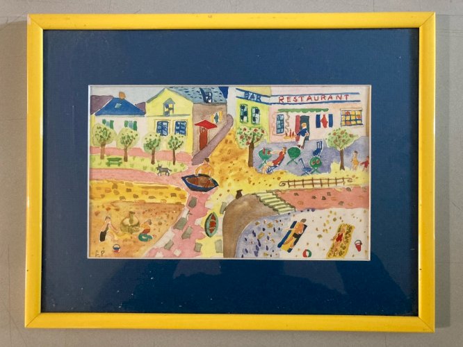 Painting peinture 1970 Gouache Art Brut  À Identifier FP Naïf Village Bretagne ?