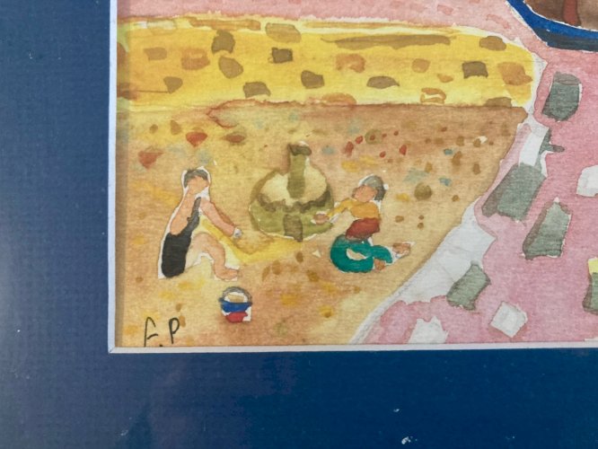 Painting peinture 1970 Gouache Art Brut  À Identifier FP Naïf Village Bretagne ?