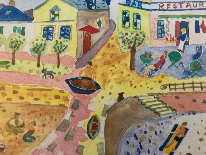 Painting peinture 1970 Gouache Art Brut  À Identifier FP Naïf Village Bretagne ?