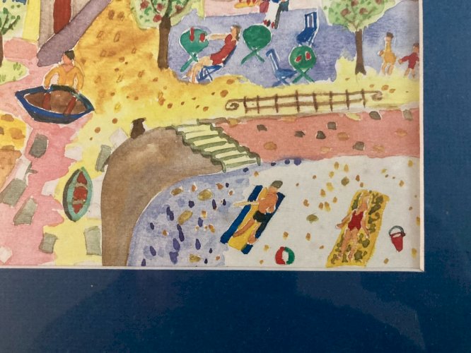 Painting peinture 1970 Gouache Art Brut  À Identifier FP Naïf Village Bretagne ?