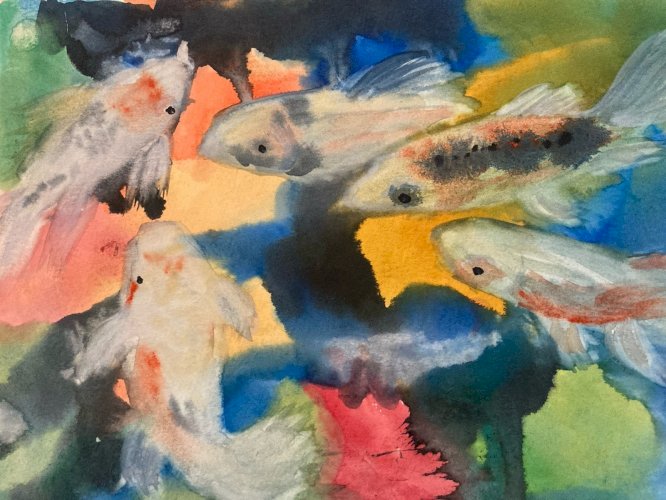 Painting Peinture 1980 Original Art Nouveau Gouache Papier Carpe Koï Poisson