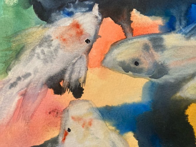 Painting Peinture 1980 Original Art Nouveau Gouache Papier Carpe Koï Poisson