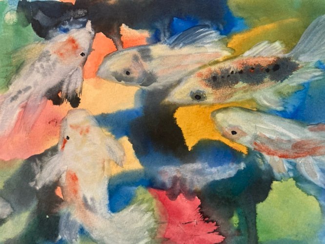 Painting Peinture 1980 Original Art Nouveau Gouache Papier Carpe Koï Poisson