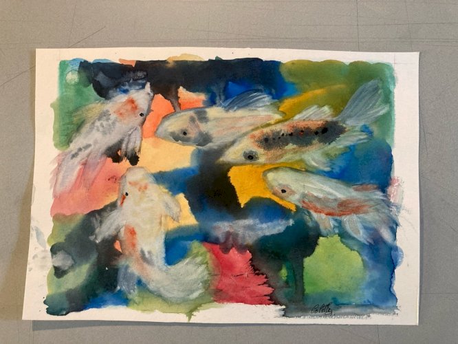 Painting Peinture 1980 Original Art Nouveau Gouache Papier Carpe Koï Poisson