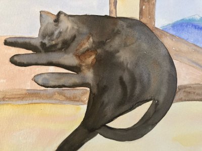 Painting 1980 Original Art Nouveau Gouache Paper Cat Animal Animals