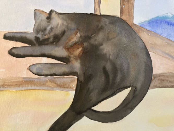 Painting Peinture 1980 Original Art Nouveau Gouache Papier Chat Animal Animaux