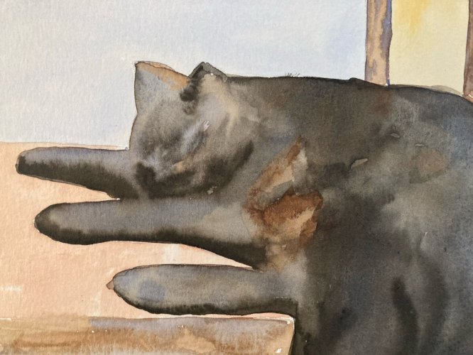 Painting Peinture 1980 Original Art Nouveau Gouache Papier Chat Animal Animaux