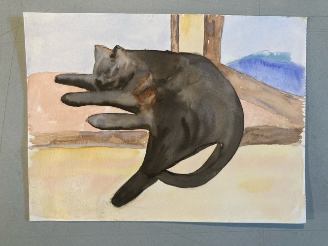 Painting Peinture 1980 Original Art Nouveau Gouache Papier Chat Animal Animaux