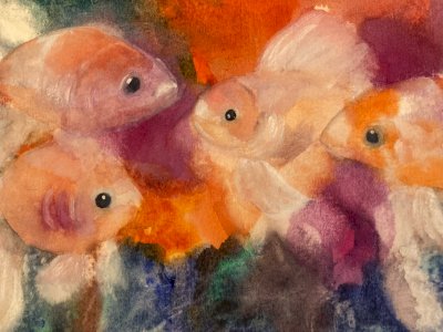 Painting Peinture 1980 Original Art Nouveau Gouache Papier Poisson Rouge Animal
