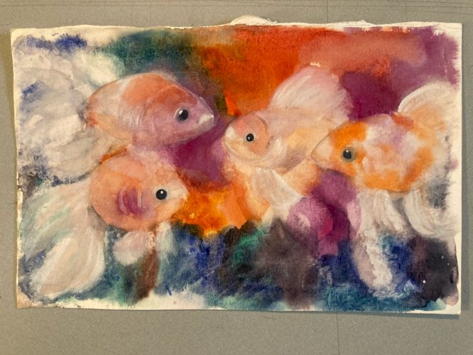 Painting Peinture 1980 Original Art Nouveau Gouache Papier Poisson Rouge Animal