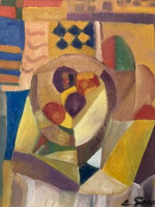 Painting Peinture Abstraite Huile Sur Toile Cubiste Cubisme Nature Morte Fruit